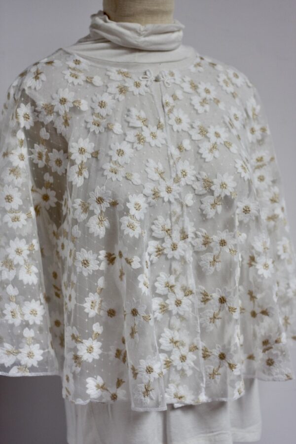 Embroidered flowers on white mesh capelet - Image 2