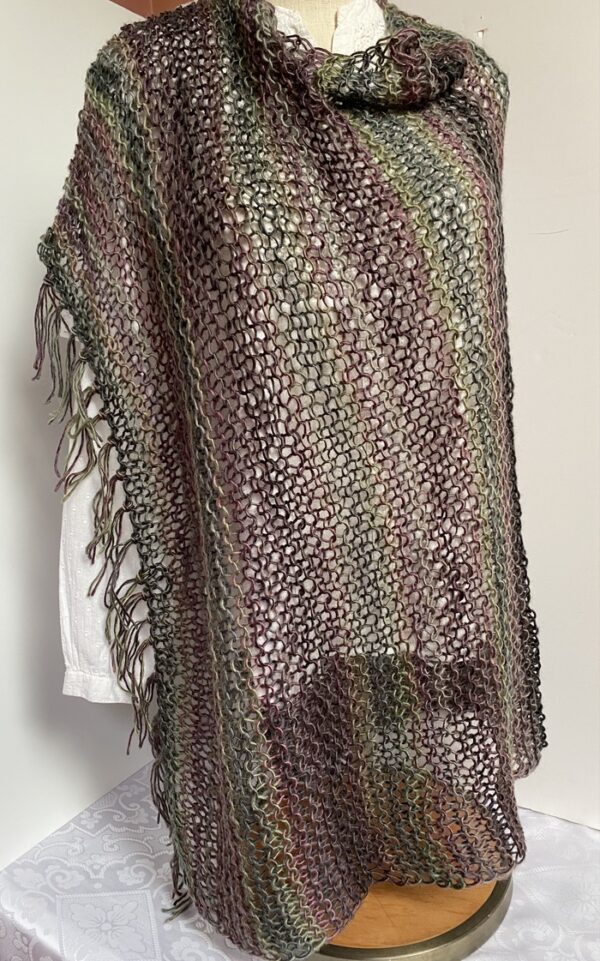 Asymmetrical knit olive green and deep mauve poncho