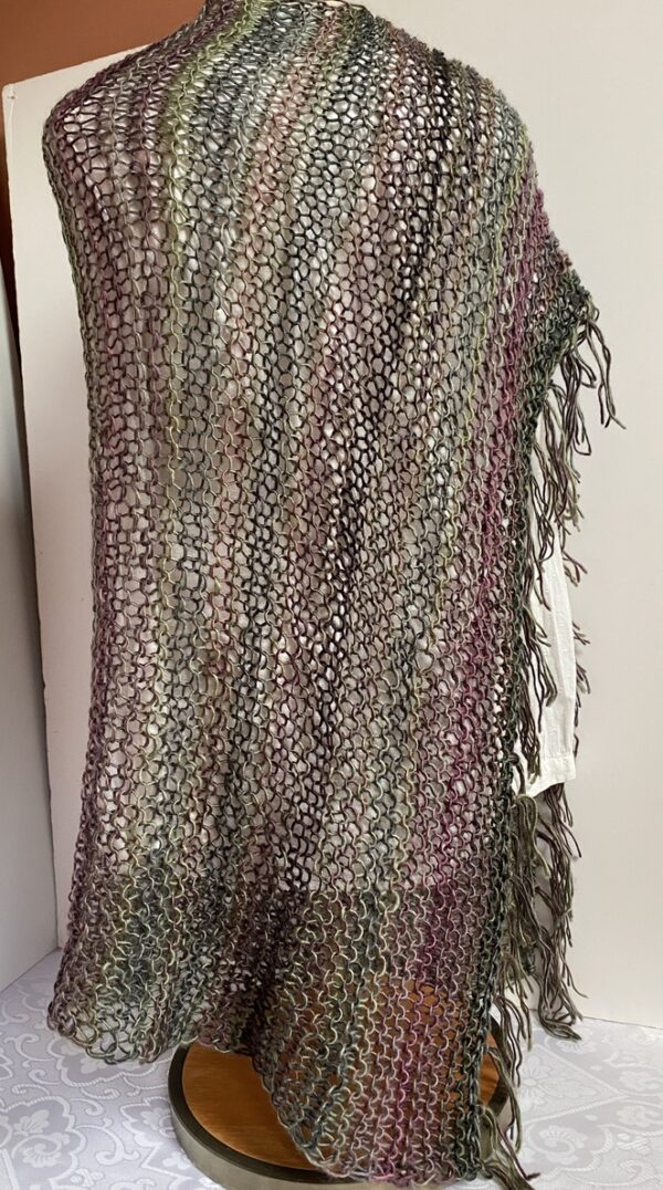 Asymmetrical knit olive green and deep mauve poncho - Image 3