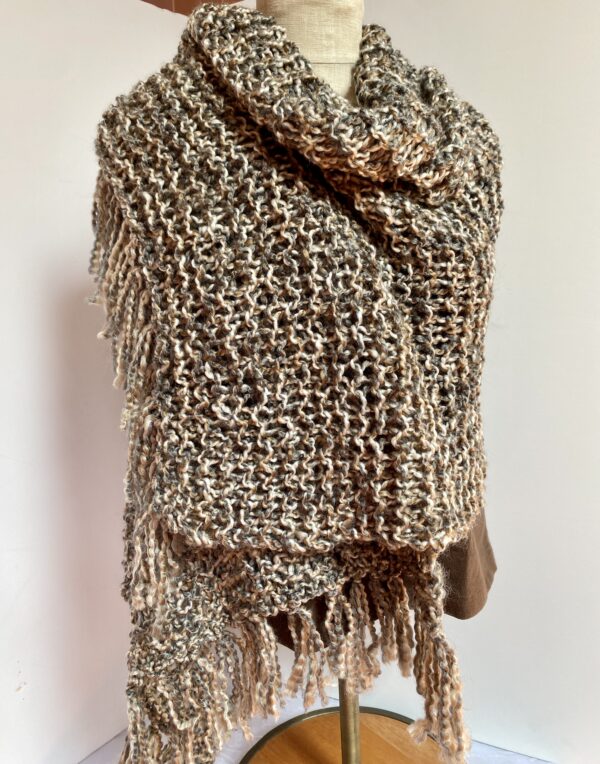Hand knit shawl in browns, cream, and gray - Image 3