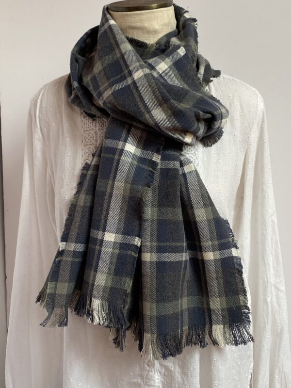 Steel blue, gray and white plaid scarf