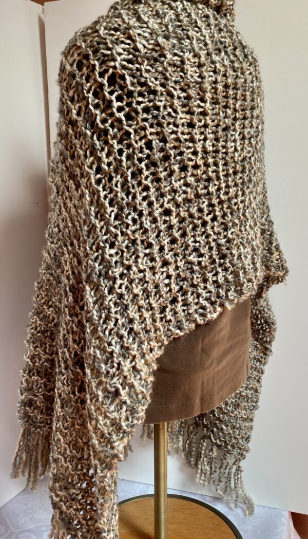 Hand knit shawl in browns, cream, and gray - Image 4