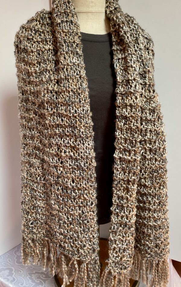 Hand knit shawl in browns, cream, and gray - Image 2