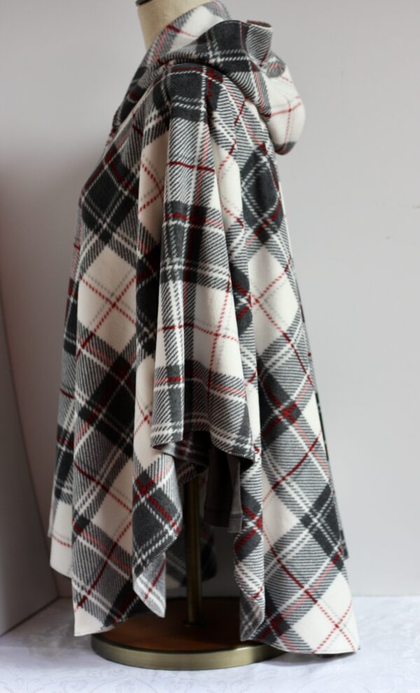 Black, gray, red plaid on white fleece poncho - Image 2