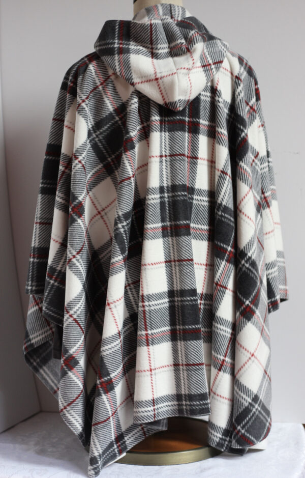 Black, gray, red plaid on white fleece poncho - Image 3