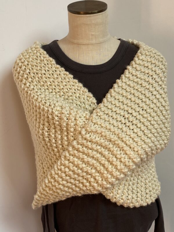 Cream hand knit shrug with gold thread