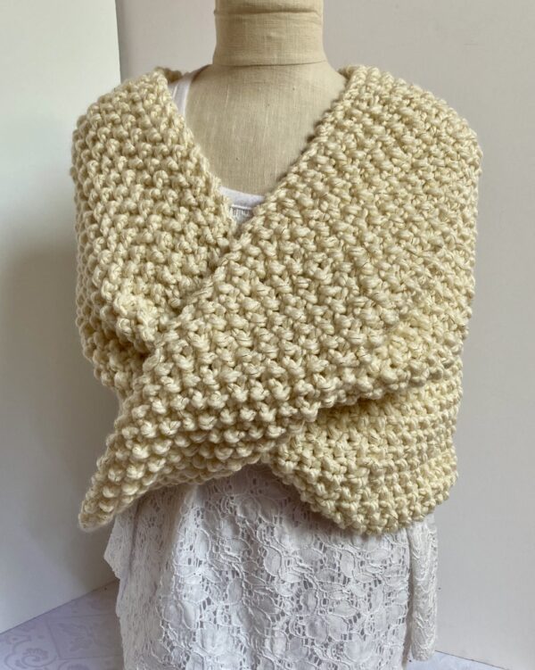 Hand knit Cream sparkles twisted shrug