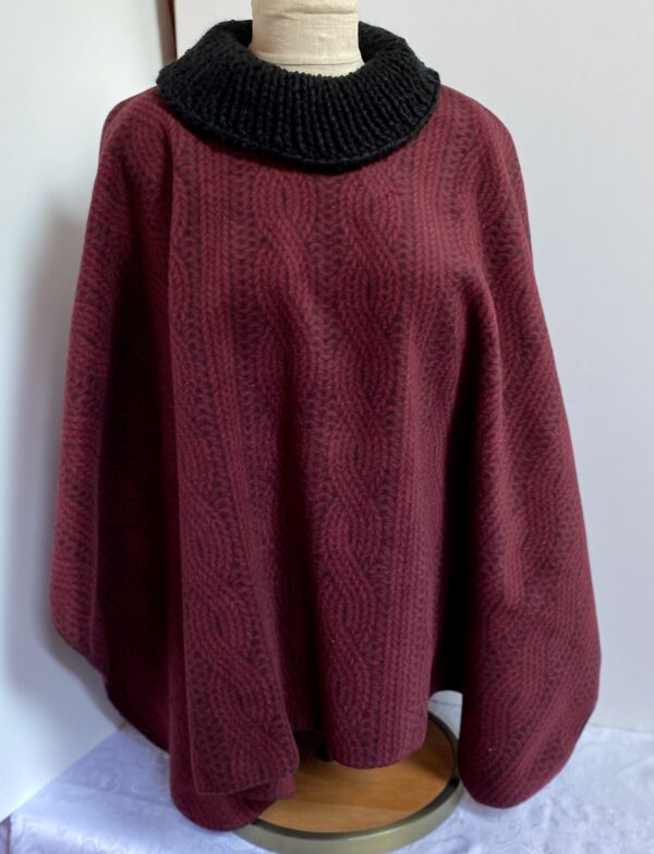 Burgundy fleece poncho with black hand knit collar