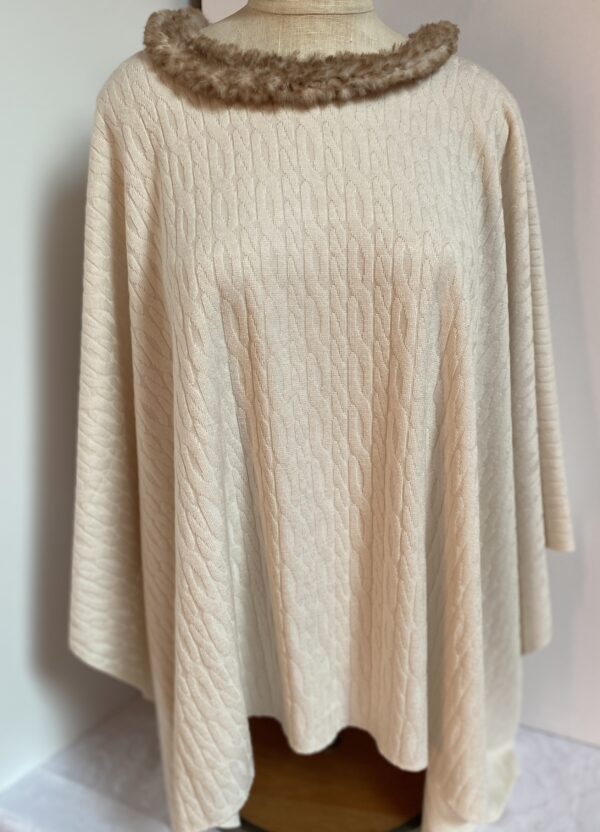 Cream cable poncho with hand knit fur collar