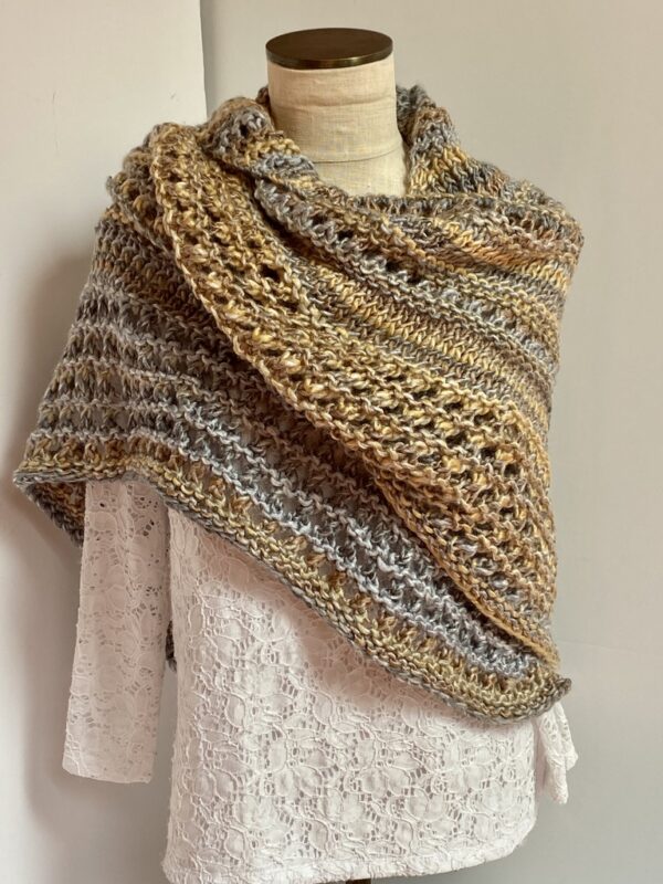 Hand knit shawl in gold, brown and gray - Image 2