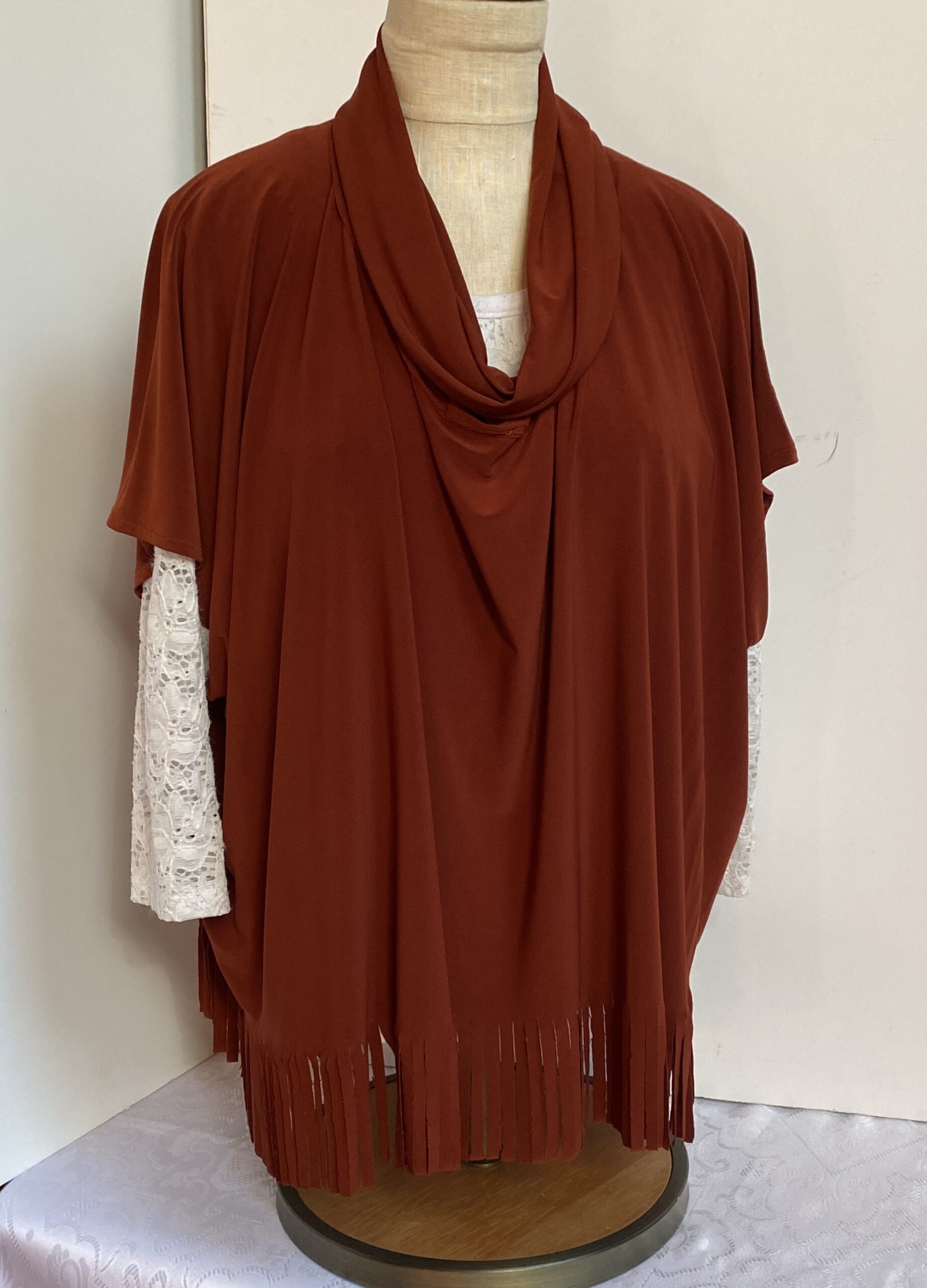Rust pullover tunic with fringed bottom