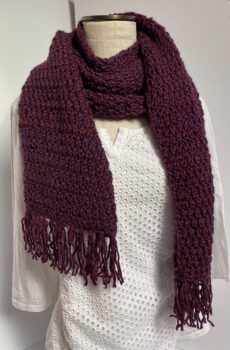 Hand knit cranberry fringed scarf